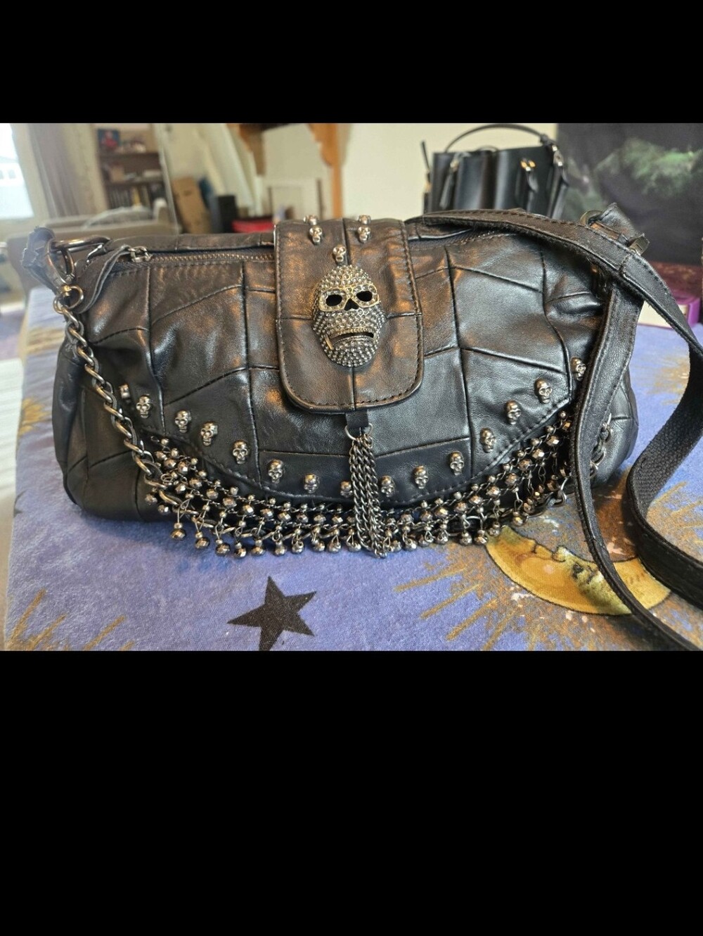 Hand Made Black Studded Skull Accent Shoulder Bag